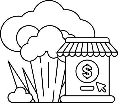 A black and white drawing of a vegetable stand with a sign that says "Buy 1 G Stock Illustration