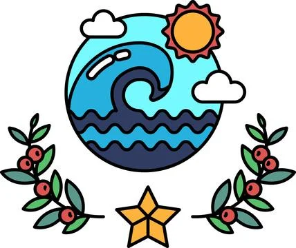 A black and white drawing of a wave with a sun in the background 스톡 일러스트