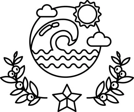 A black and white drawing of a wave with a sun in the background 스톡 일러스트