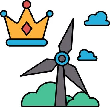 A black and white drawing of a wind turbine with a crown on top of it Stock Illustration