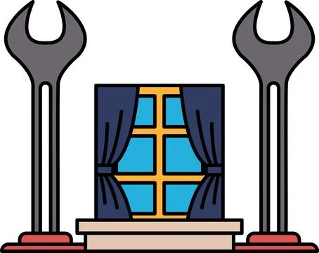 A black and white drawing of a window with a pair of wrenches on either side Illustration