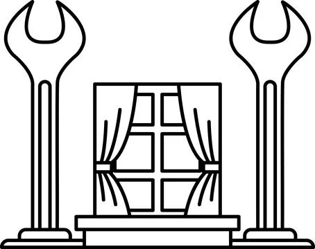 A black and white drawing of a window with a pair of wrenches on either side Stock Illustration