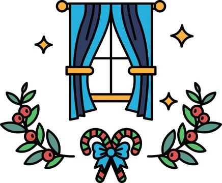 A black and white drawing of a window with curtains and a wreath of leaves Stock Illustration