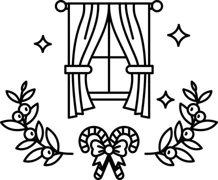 A black and white drawing of a window with curtains and a wreath of leaves Stock Illustration