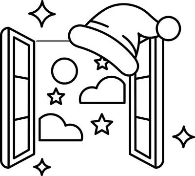 A black and white drawing of a window with a hat on top of it Stock Illustration