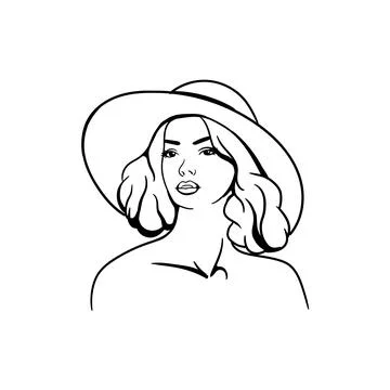 Black and white drawing of a young woman in a hat Stock Illustration