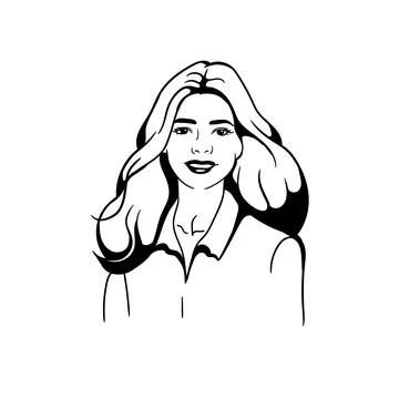 Black and white drawing of a young smiling girl Stock Illustration