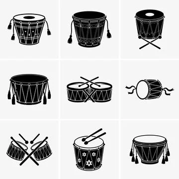 A black and white drum vector features various percussion instrument designs Stock Illustration