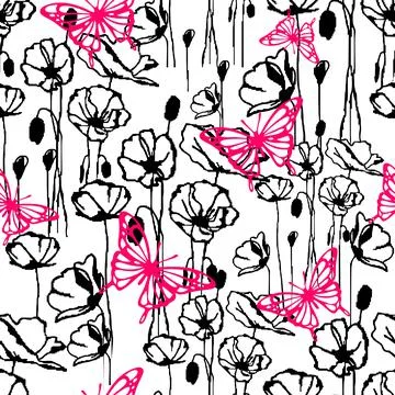 Black and white dynamic pattern of wild flowers with bright purple Stock Illustration