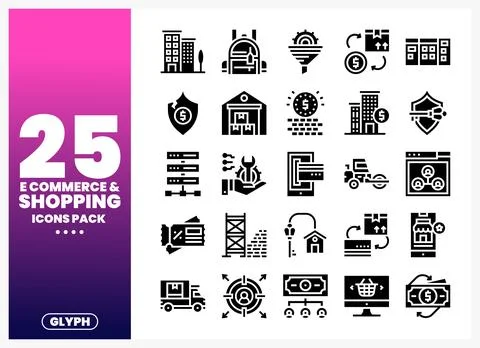 Black and white e-commerce icons on a pink and purple gradient background. Illustrazione stock