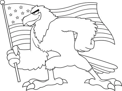 Black And White Eagle Bird Cartoon Character Waving American Flag 스톡 일러스트