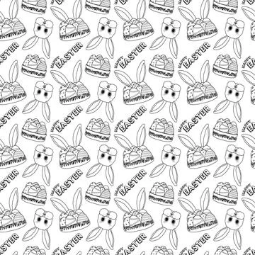 Black and White Easter Bunny and Egg Basket Seamless Pattern Illustrazione stock