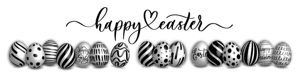 Black and white easter eggs. Happy easter hand letterind inscription composit Stock Illustration