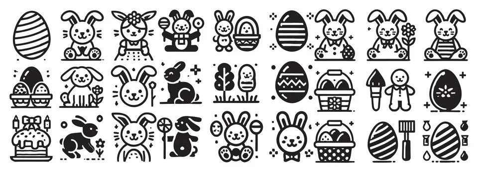 Black and white easter icons set featuring cute bunnies and decorative eggs in 库存插图
