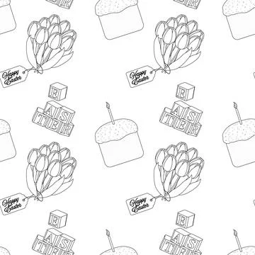 Black and White Easter Pattern with Tulips, Cakes, and Holiday Elements イラスト素材