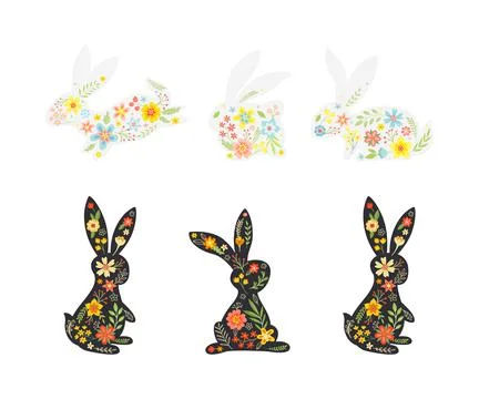 Black and White Easter Rabbit with Flowers and Floral Decoration Inside Vector Stock Illustration