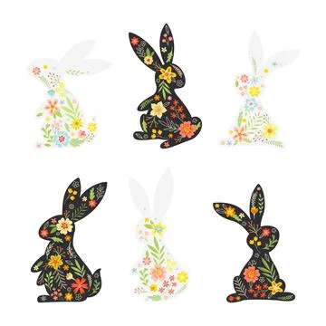 Black and White Easter Rabbit with Flowers and Floral Decoration Inside Vector Stockillustratie