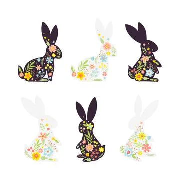 Black and White Easter Rabbit with Flowers and Floral Decoration Inside Vector Stock Illustration
