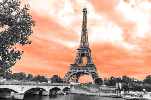 Black and white Eiffel Tower with Sepia skyline Stock Photos