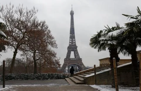 The black and white Eiffel tower with bare trees in winter, Paris, France. 写真素材