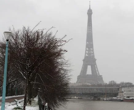 The black and white Eiffel tower with bare trees in winter, Paris, France. Foto stock