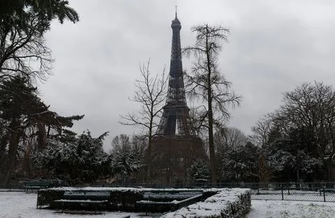 The black and white Eiffel tower with bare trees in winter, Paris, France. 写真素材
