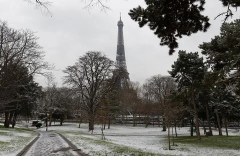 The black and white Eiffel tower with bare trees in winter, Paris, France. 写真素材