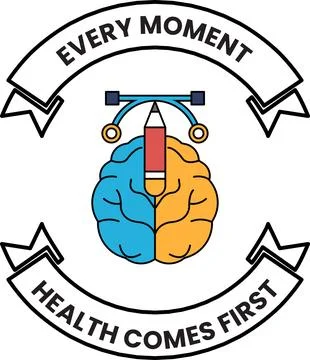 Black and white emblem features a brain with a pencil centered Stock Illustration