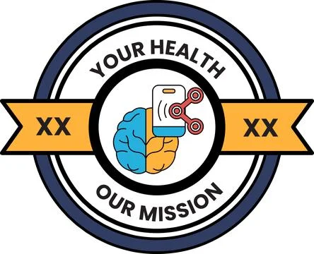 Black and white emblem features brain with medical device Stock Illustration