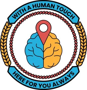 Black and white emblem features a brain with a map pin Stock Illustration