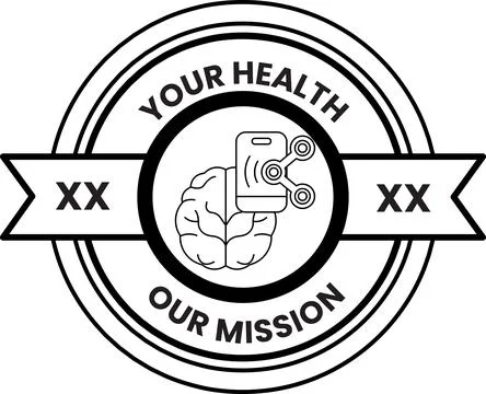 Black and white emblem features brain with medical device Stock Illustration
