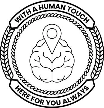 Black and white emblem features a brain with a map pin Stock Illustration