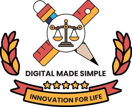 Black and white emblem features crossed tools and scales Stock Illustration