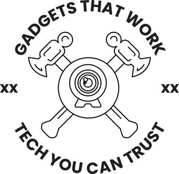 Black-and-white emblem features crossed axes over a central tech symbol Stock Illustration