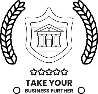 Black and white emblem features shield with classical building Stock Illustration