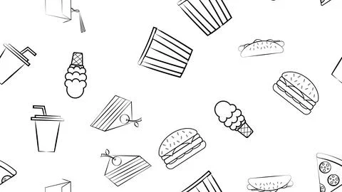 Black and white endless seamless pattern of food and snack items icons set fo Stock Illustration