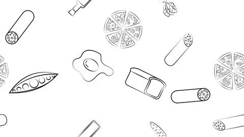 Black and white endless seamless pattern of food and snack items icons set fo Stock Illustration