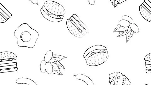 Black and white endless seamless pattern of a set of food items and snacks ic Stock Illustration