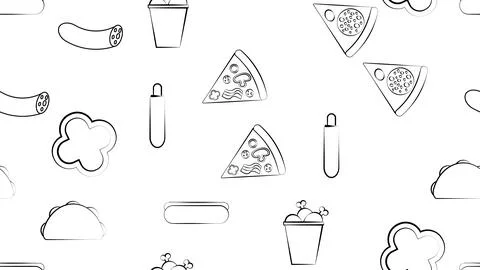 Black and white endless seamless pattern of food and snack items icons set fo 스톡 일러스트