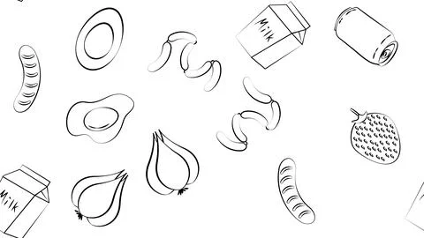 Black and white endless seamless pattern of food and snack items icons set fo Illustrazione stock