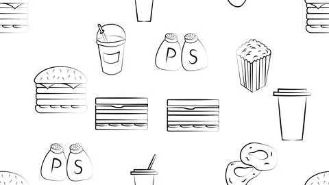Black and white endless seamless pattern of food and snack items icons set fo Illustrazione stock
