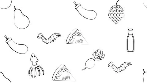 Black and white endless seamless pattern of food and snack item icons set for Stock Illustration