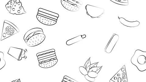 Black and white endless seamless pattern of food and snack items icons set fo Stock Illustration
