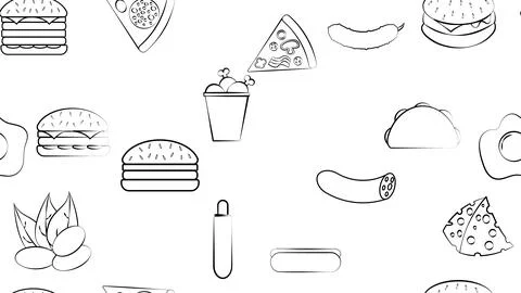 Black and white endless seamless pattern of food and snack items icons set fo Stock Illustration