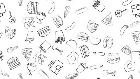 Black and white endless seamless pattern of food and snack items icons set fo Stock Illustration