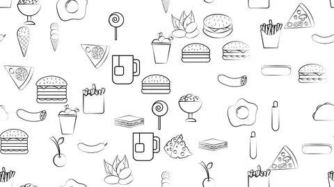 Black and white endless seamless pattern of food and snack items icons set fo Stock Illustration
