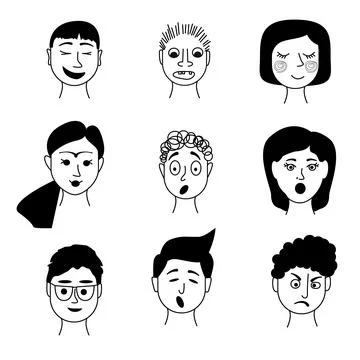 Black and white faces set on white background. Vector doodle illustration. Stock Illustration