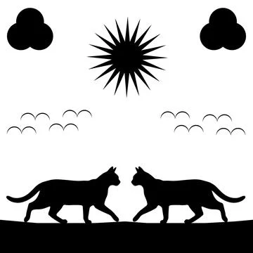 A black and white featuring two cats walking towards each other under a sun.. Ilustração Stock