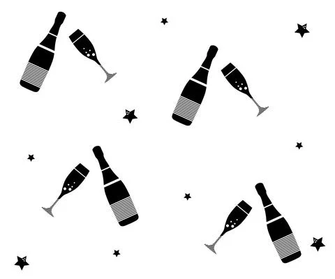 Black and white festive pattern where champagne and wine glasses Stock Illustration