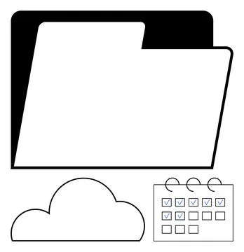 Black and white file folder, cloud storage, and calendar with checkmarks. Ide 스톡 일러스트